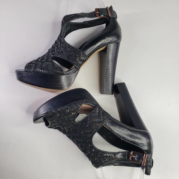Elliot Lucca Bernadette Woven Leather T-Strap Heel 7.5 Black Sandal Ankle Buckle - Picture 6 of 13